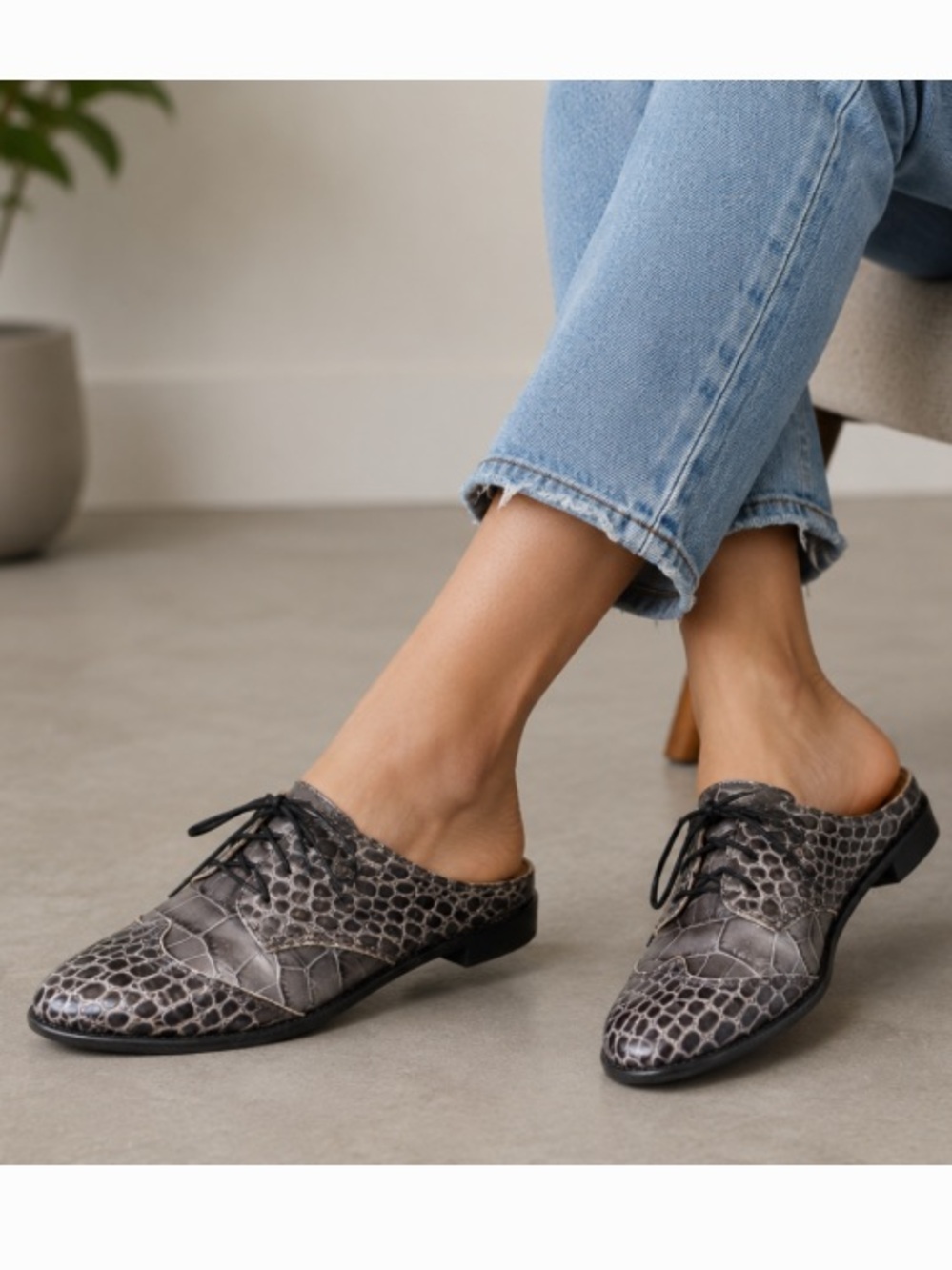 Anthropologie All Black Footwear Snake-Print Lace-Up Leather Mules